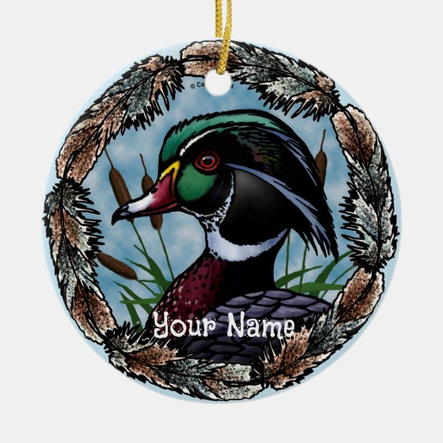 Ornamento de nombre personalizado de Wood Duck Hea (Frente)
