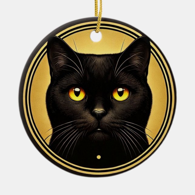Ornamento de ojos amarillos de gato negro (Frente)