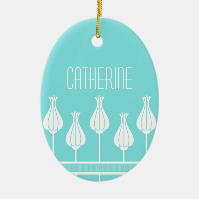 Ornamento de ovalación floral turquesa Art Deco (Frente)