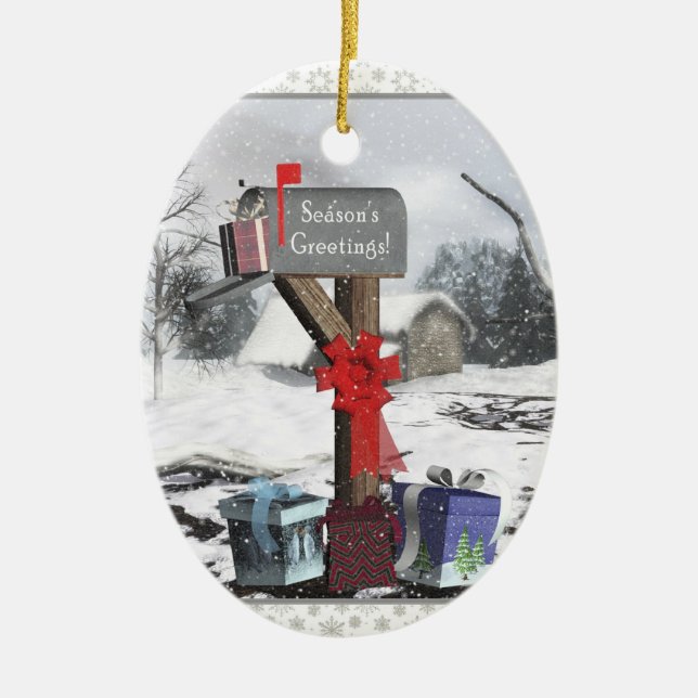 Ornamento de óvalo de escena de invierno de regalo (Frente)