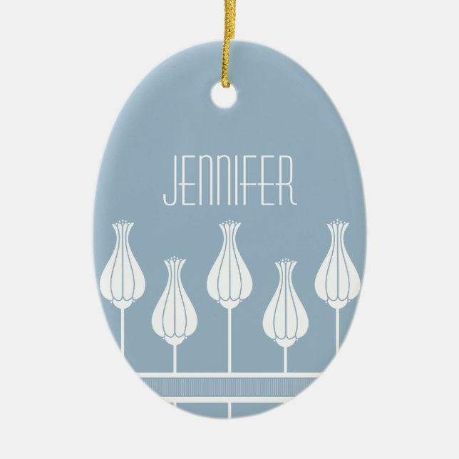 Ornamento de óvalo floral de Art Deco azul claro (Frente)