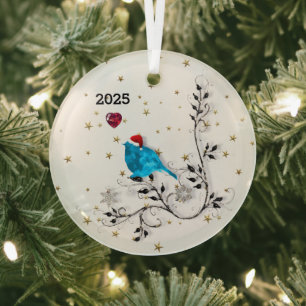 Ornamento de pájaro azul y vidrio cardíaco
