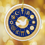 Ornamento de palo de paz<br><div class="desc">Iconos de oro de las religiones del mundo mandala rodean la Paloma de la Paz, un símbolo internacional de armonía. Personalizar con su texto. El mandala destaca doce religiones que expresan la diversidad global de creencias espirituales: bahaí’i, budismo, cristianismo, confucianismo, hindú, islam, jain, judaísmo, rueda de medicina de espiritualidad nativa,...</div>
