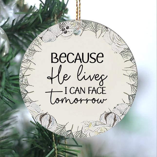 Ornamento de Pascua Floral Retro Gris (Because he lives easter gray floral wreath script typography christian ornament)