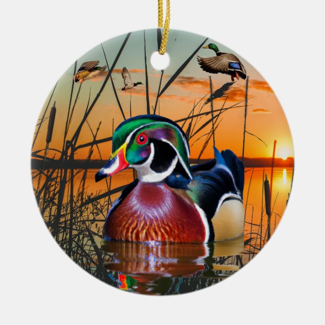 Ornamento de pato de madera, Mallard volador (Frente)