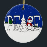 Ornamento de Peace Snowman<br><div class="desc">Ornamento de Snowman por la Paz. Obra de Kathy Gladden-Adalian El color de fondo detrás de los copos de nieve se puede personalizar con una amplia variedad de colores.</div>