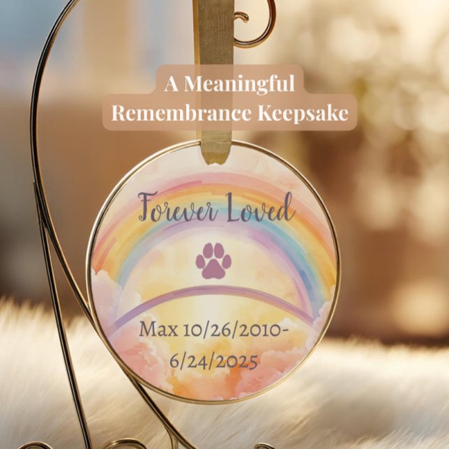 Ornamento de pérdida de mascotas Rainbow Bridge |  (Rainbow Bridge pet memorial ornament with pink paw print, pastel rainbow, clouds, & custom pet name)