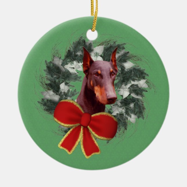 Ornamento de perro de Doberman Wreath Holiday (Frente)