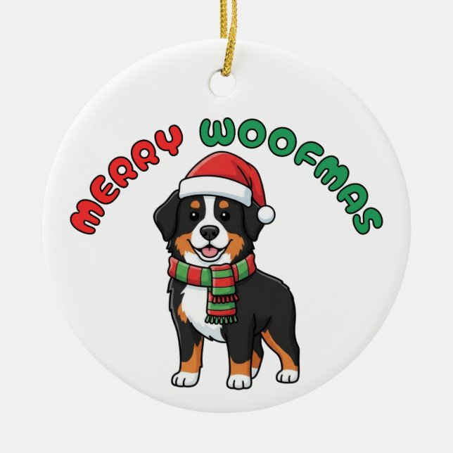 Ornamento de Perro de Montaña Bernés: Merry Woofma (Frente)