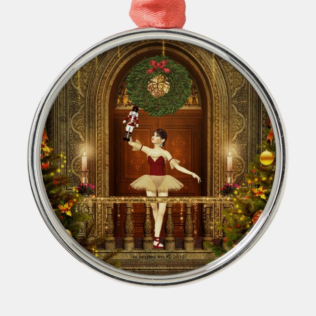 Ornamento de plata redondo Ballerina y Nutcracker (Frente)