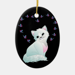 ornamento de porcelana de gatito y mariposas