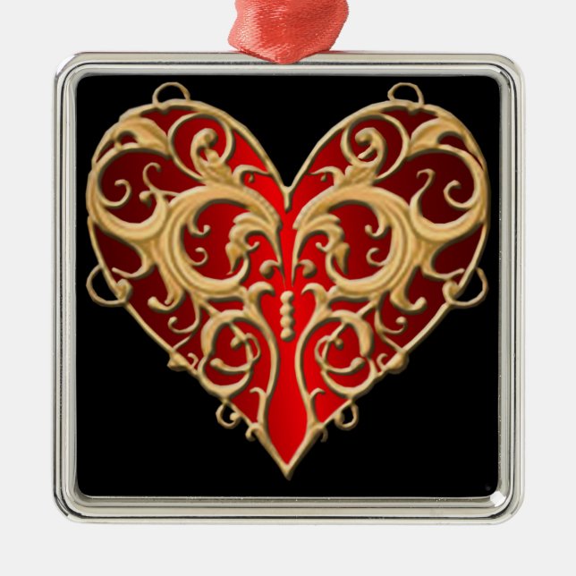 Ornamento de Red Filigree Heart Square (Frente)