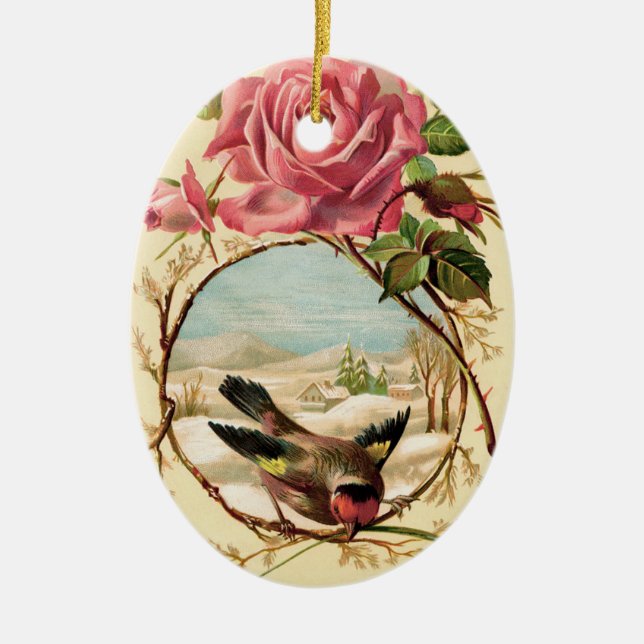 Ornamento de rosa rosa y oval de pájaro victoriano (Frente)
