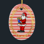 Ornamento de Santa Holding Menorah Chrismukkah<br><div class="desc">Este es un aspecto festivo tradicional de los Navidades con rayas de caña de caramelo y rojo. La parte delantera cuenta con Santa que sostiene una Menorah. La parte posterior se puede personalizar como quieras. Diseñado por Sheila Cicchi,  Brownielocks.com. Todos Los Derechos Reservados.</div>