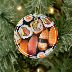 Ornamento de sushi con mensaje y fecha de vuelta