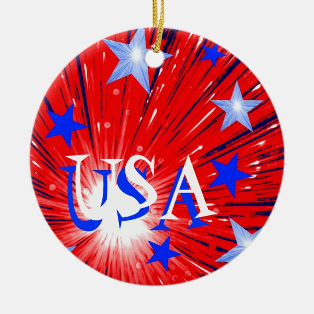 Ornamento de 'USA' azul rojo de fuego (Frente)