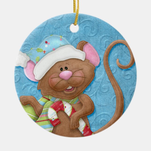 Ornamento de vacaciones de Candy Cane Mouse (Frente)