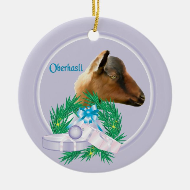 Ornamento de vacaciones de Oberhasli Goat Wreath (Frente)