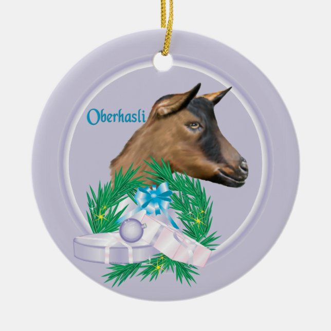 Ornamento de vacaciones de Oberhasli Goat Wreath (Frente)
