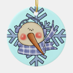 Ornamento de vacaciones de Snowman Blue Snowflakes