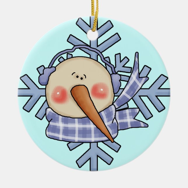 Ornamento de vacaciones de Snowman Blue Snowflakes (Frente)