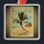 Ornamento de viaje de las Islas Vírgenes Británica<br><div class="desc">Un fresco adorno de estilo vintage de las Islas Vírgenes Británicas con una palmera en una playa de arena con cielo azul y océano.</div>