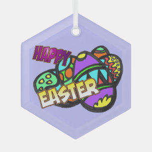Ornamento de vidrio de Happy Easter Eggs Cust.BG