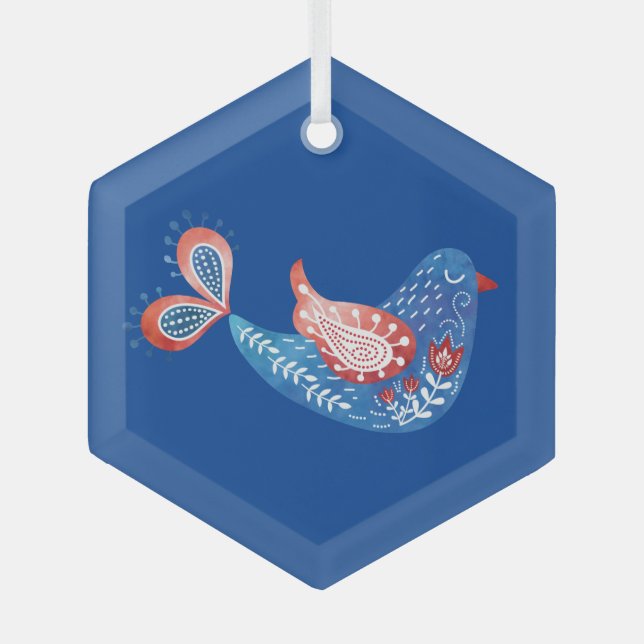 Ornamento de vidrio de pájaro azul de arte folclór (Anverso)