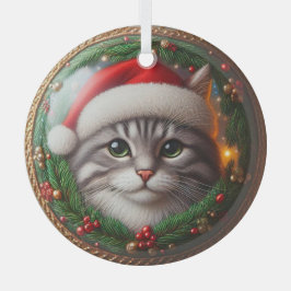Ornamento de vidrio Gray Tabby Santa Hat