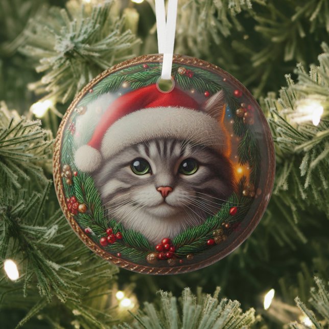Ornamento de vidrio Gray Tabby Santa Hat (in situ)