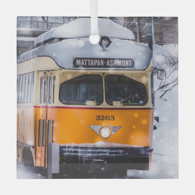 Ornamento de vidrio Snowy Trolley Ride (Anverso)