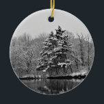 Ornamento de Winter Wonderland<br><div class="desc">Este adorno cuenta con una fotografía en blanco y negro que muestra la belleza de los árboles verdes junto a un lago en un día de invierno nevado. Transmite la paz y tranquilidad que viene con una fresca manta de nieve y la tierra de hadas que crea — ¡verdaderamente un...</div>