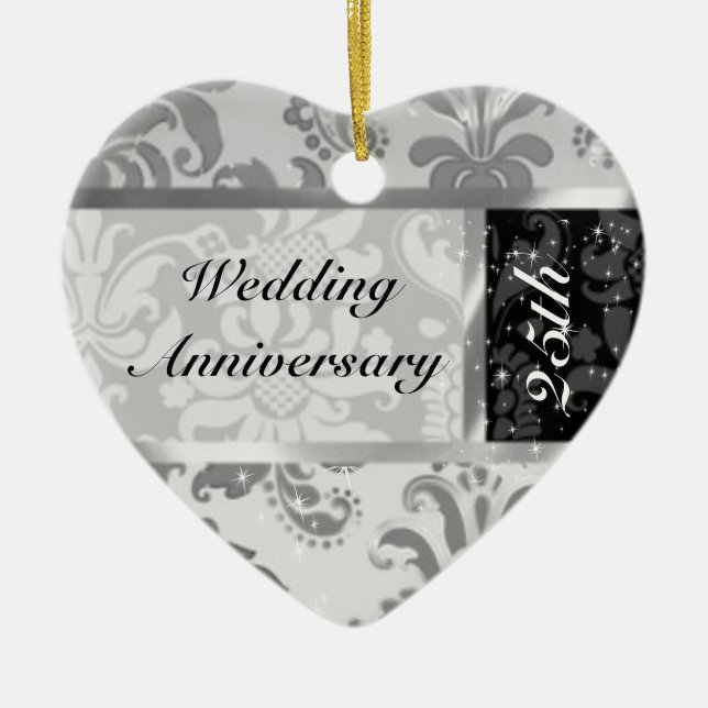 Ornamento del 25° aniversario de Boda negro y plat (Frente)