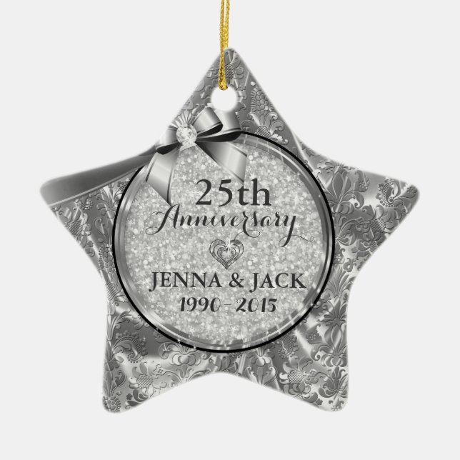 Ornamento del 25° aniversario del Boda negro y pla (Frente)