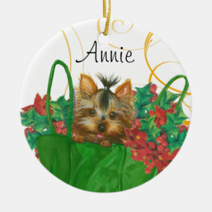 Ornamento del árbol de Navidad Yorkie con Holly