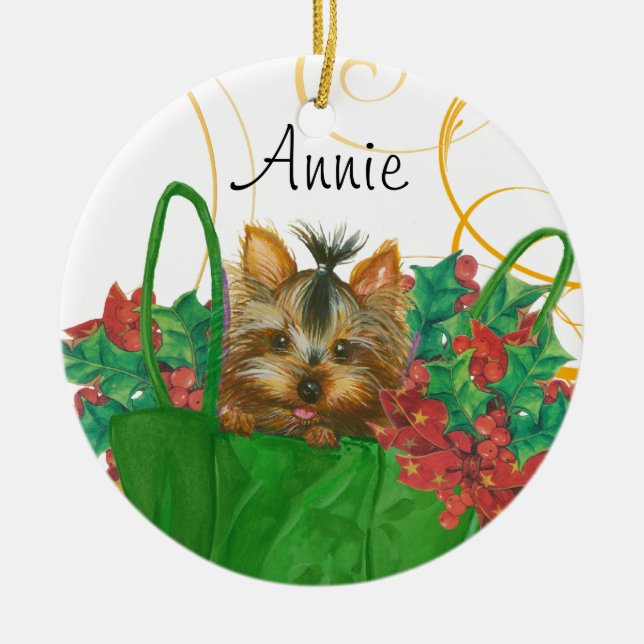 Ornamento del árbol de Navidad Yorkie con Holly (Frente)