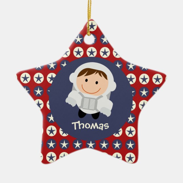 Ornamento del astronauta de las estrellas rojas y (Frente)