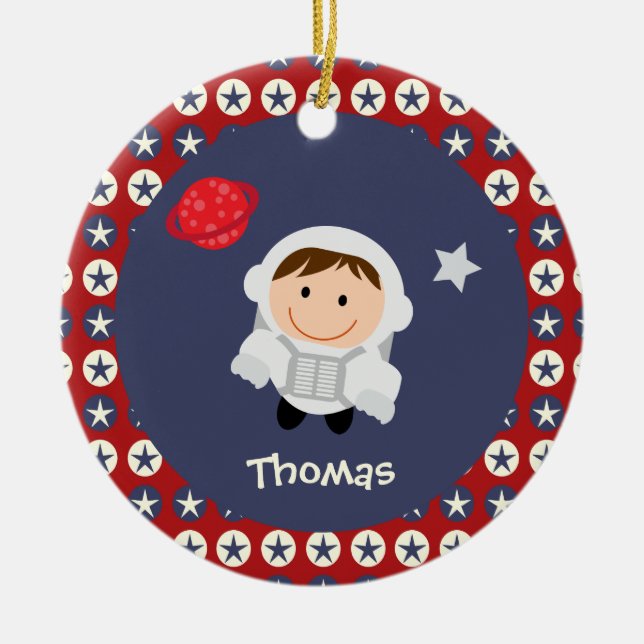 Ornamento del astronauta de las estrellas rojas y (Frente)