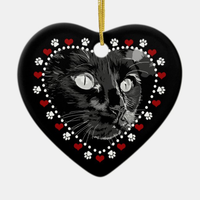 Ornamento del corazón de la Navidad Feliz Gato Neg (Frente)