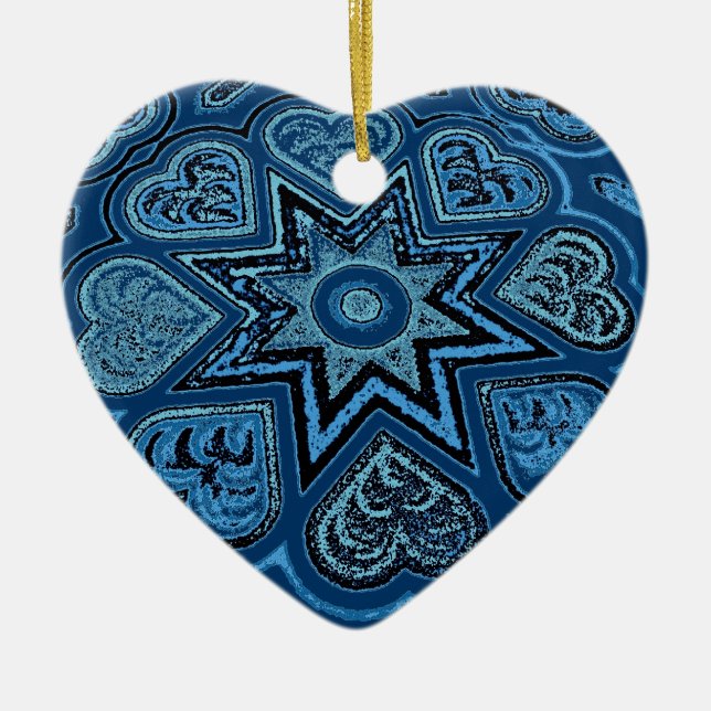 Ornamento del corazón del arte folk azul Denim (Frente)