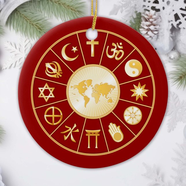 Ornamento del mundo de la fe (Gold symbols of international religions surround a world map. )
