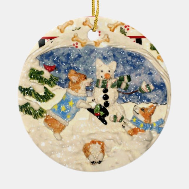 Ornamento del muñeco de nieve del Corgi (Frente)