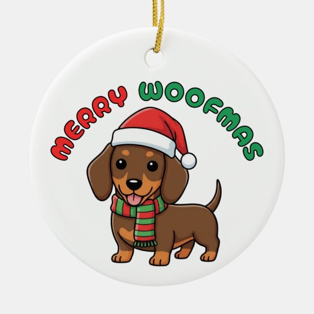 Ornamento del navidad Brown Dachshund: Feliz Woofm (Frente)