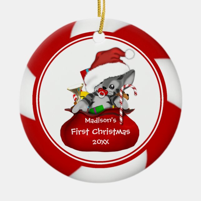 Ornamento del navidad del bebé del gatito de Santa (Frente)