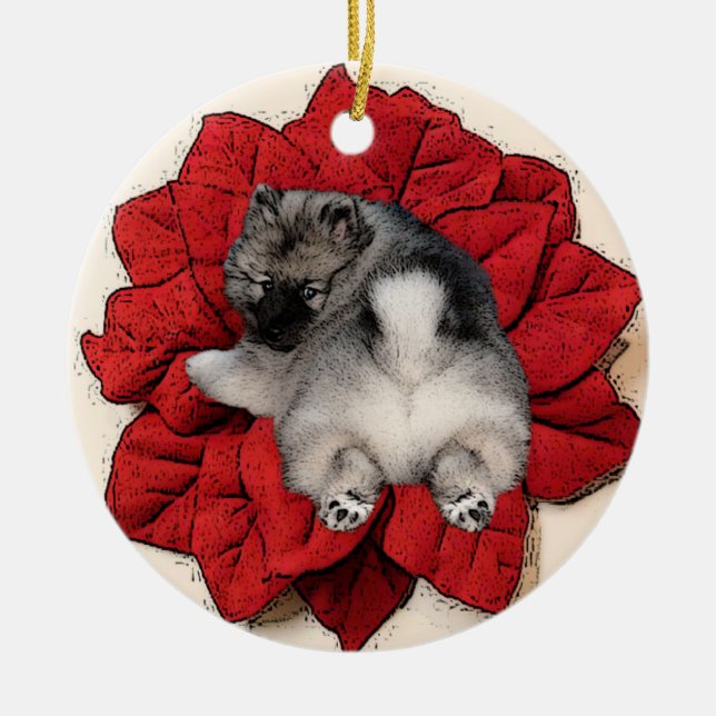 Ornamento del perrito del Poinsettia del Keeshond (Frente)
