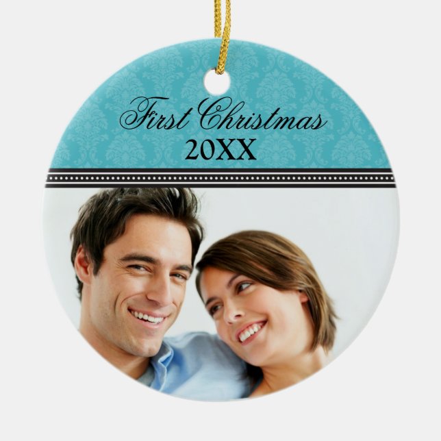 Ornamento del primer Boda de Navidad de Damask (aq (Frente)