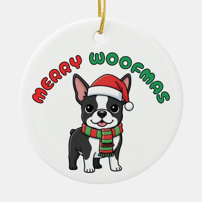 Ornamento del Terrier de Boston: Merry Woofmas (Frente)