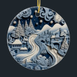 Ornamento Escenario De Winter Wonderland<br><div class="desc">Transforme su temporada de vacaciones en una experiencia mágica con este adorno "Winter Wonderland Scenic". Este bonito y detallado diseño cuenta con un río que serpentea a través de un bosque de nieve, encantadoras cabañas y cielos estrellados sobre majestuosas montañas. Con nubes agitadas y ráfagas de sol radiantes, captura la...</div>