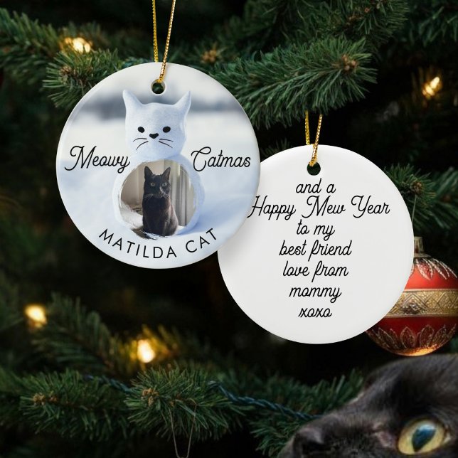 Ornamento festivo de Meowy Catmas Cat Navidades (Meowy Catmas! Upload your best friend's photo and add their name and a message to this cute ornament)