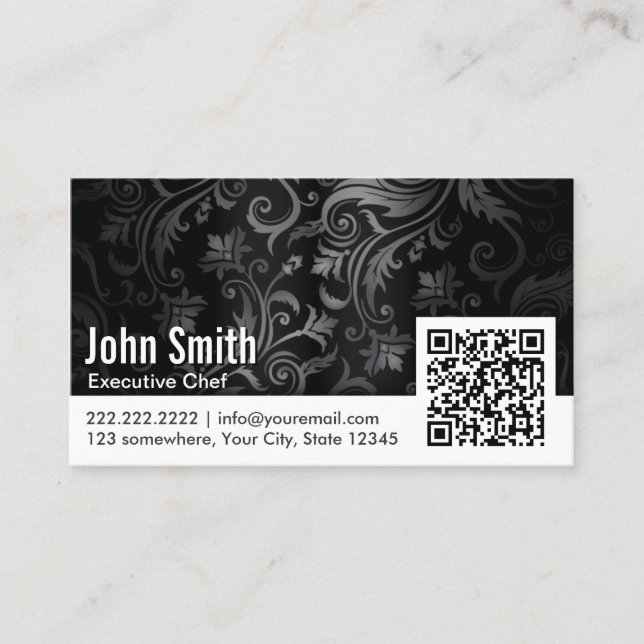 Ornamento floral Código QR Chef tarjeta de visita (Anverso)